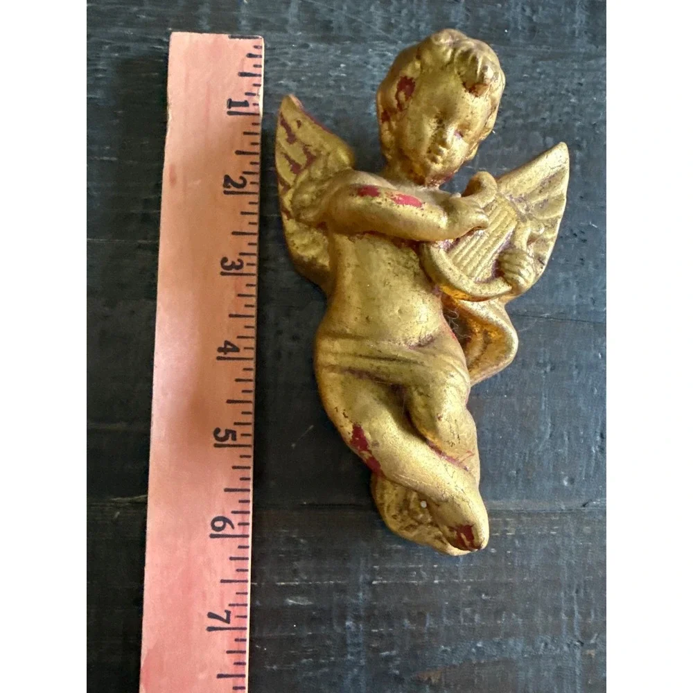 Vintage Gold Chalkware Cherub Angel Wall Hanging Set 3 Musical Figures 6 Inch